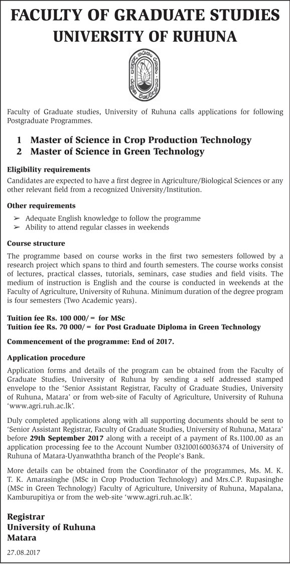 Master of Science in Crop Production Technology, Master of Science in Green Technology - Faculty of Graduate Studies - University of Ruhuna 